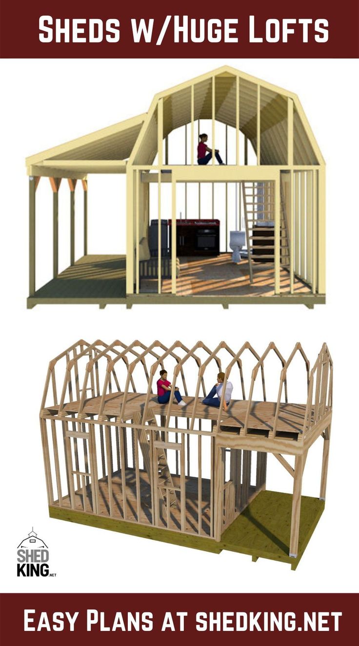 the plans for a shed with lofts are shown in two different sizes and colors