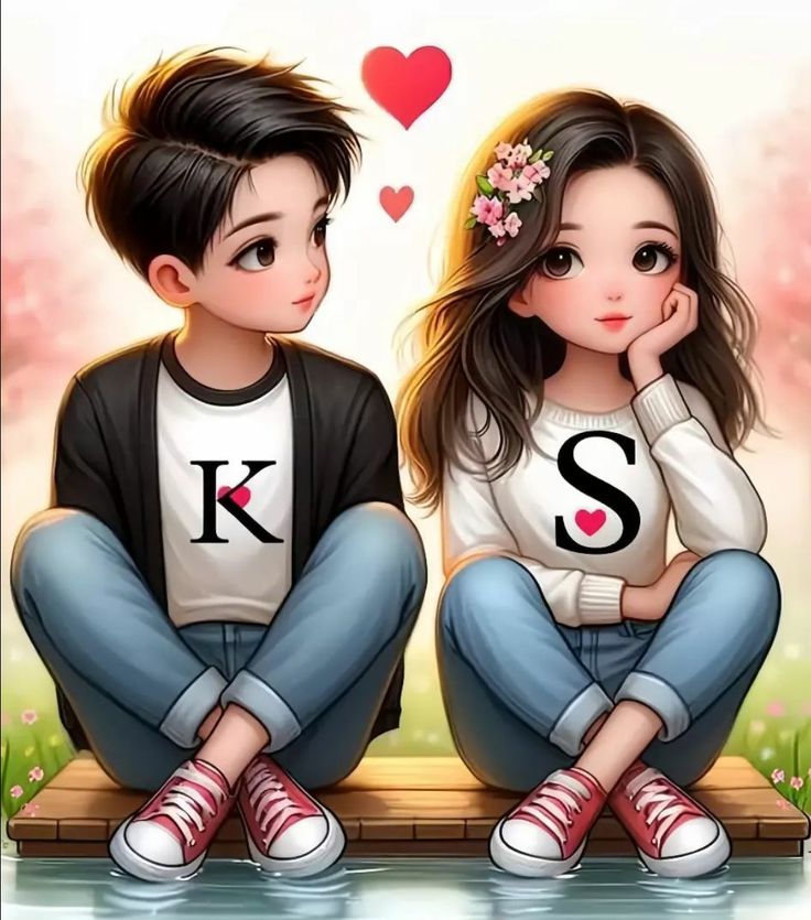 two children sitting on a bench with the letters k and s