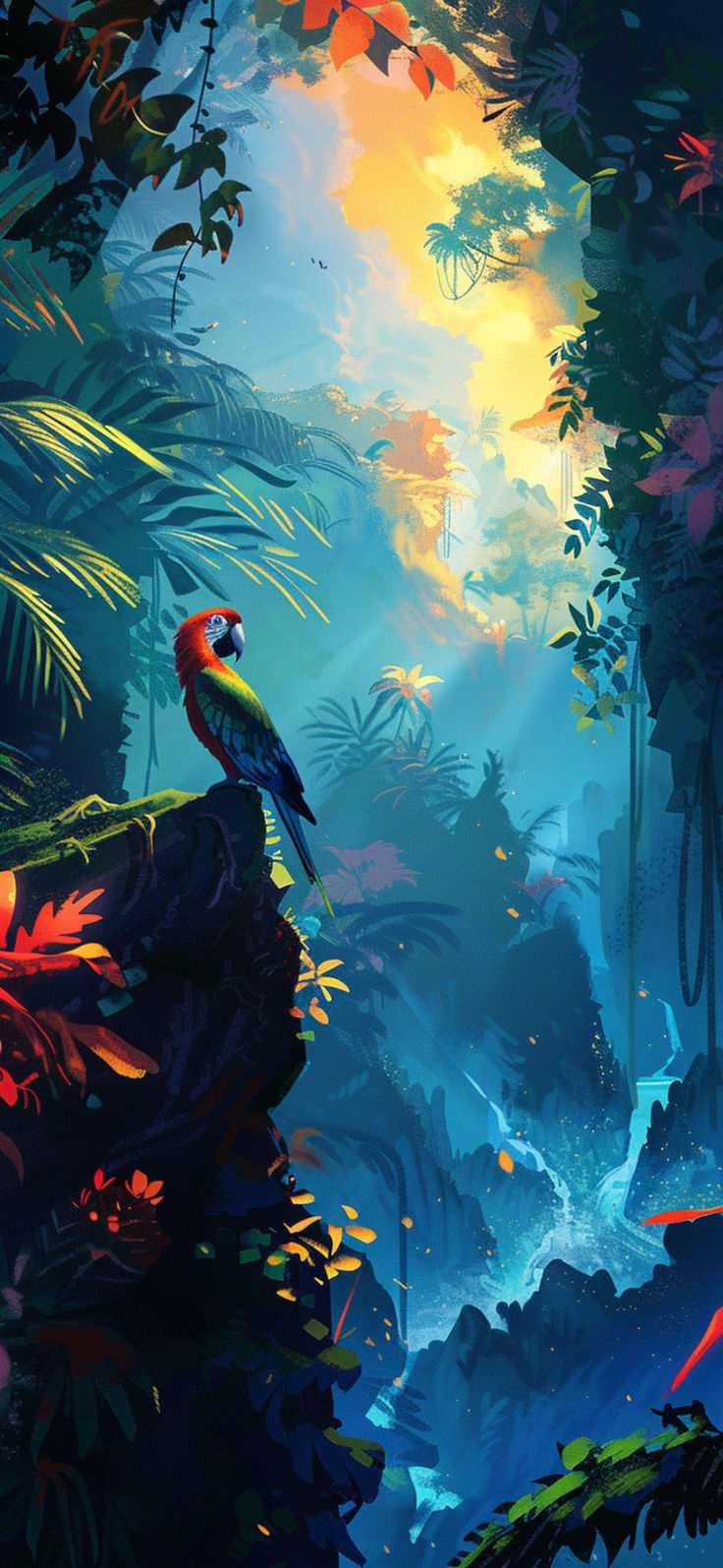 a bird perched on top of a lush green forest filled with trees and plants at sunset