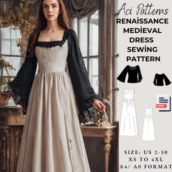 Renaissance Regency Cosplay Dress Pattern and Blouse,Maxi Dress Sewing Pattern,Halloween Costume,Renaissance Medieval Cosplay Dress  Available as an instant download (pdf) sewing pattern bundle with a range of size options, including plus sizes ⭐US Sizes: 2, 4, 6, 8, 10, 12, 14, 16, 18, 20, 22, 24, 26, 28, 30 ⭐Standard Sizes: XS, S, M, L, XL, 2XL, 3XL, 4XL ⭐These patterns are suitable for A4, A0, and US Letter size papers. ⭐Once your payment is processed, you will automatically receive download links for the pattern files. Please note that you can only download the files from a computer; they will not work on a phone or iPad. ⭐This is a digital product. You will receive zip files containing the patterns and sewing instructions. ⭐Due to the nature of digital downloads, no refund, return, or Simple Medieval Dress Pattern, Ren Faire Dress Pattern, Medieval Dress Patterns, Fantasy Dress Pattern, Cottagecore Sewing Pattern, Goth Sewing Patterns, Regency Cosplay, Victorian Sewing Patterns, Regency Dress Pattern