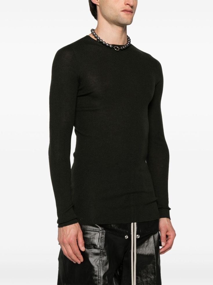 Rick Owens ribbed-knit Virgin Wool Jumper - Farfetch Ribbed Wool Crew Neck Top, Woolen Ribbed Crew Neck Top, Long Sleeve Ribbed Merino Wool Top, Ribbed Merino Wool Long Sleeve Tops, Ribbed Merino Wool Crew Neck Top, Merino Wool Ribbed Crew Neck Top, Green Wool Crew Neck Top, Wool Jumper, Balenciaga Triple S