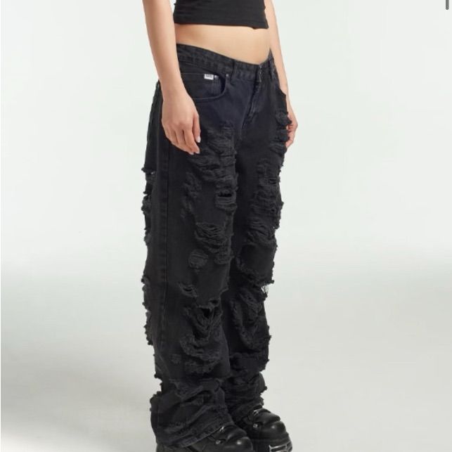 Charcoal Distressed Denim Black Ripped Wide Leg Bottoms, Ripped Wide Leg Black Bottoms, Black Wide Leg Ripped Bottoms, Trendy Black Ripped Pants, High Waist Ripped Black Pants, Black Ripped Punk Jeans, Punk Style Ripped Black Jeans, Black Ripped Edgy Pants, Black Ripped Wide Leg Pants