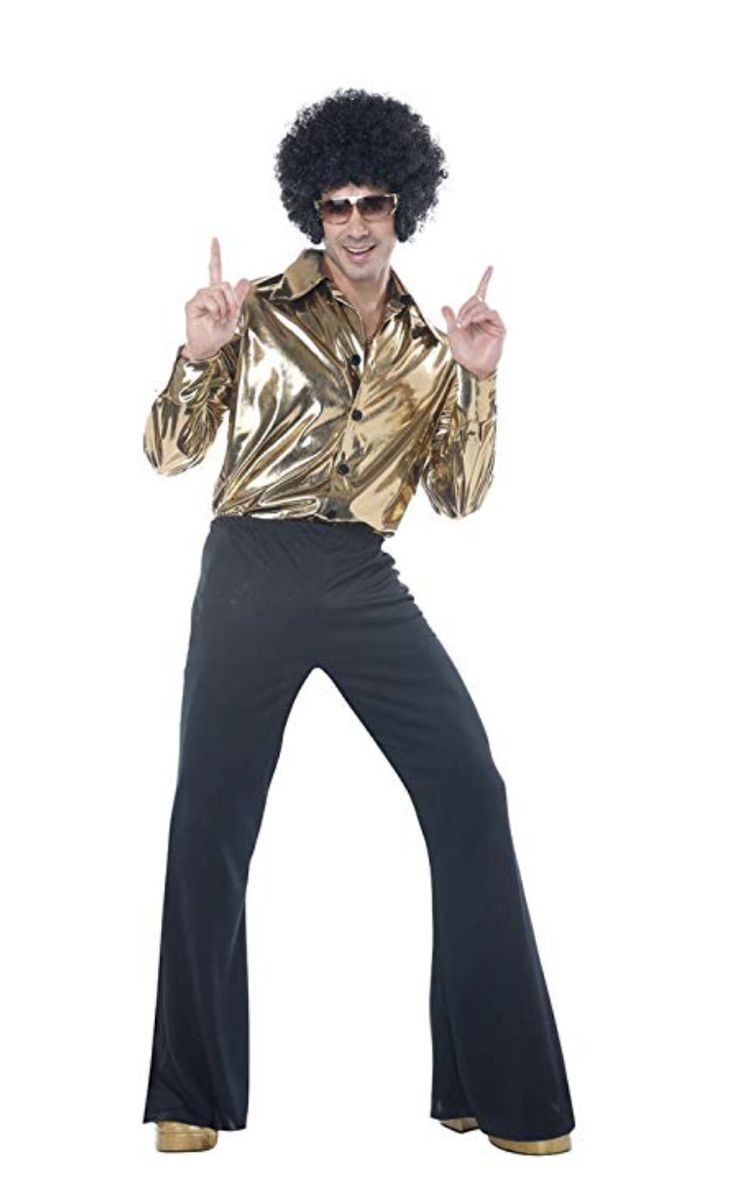 a man in gold shirt and black pants with an afro wig standing on one leg