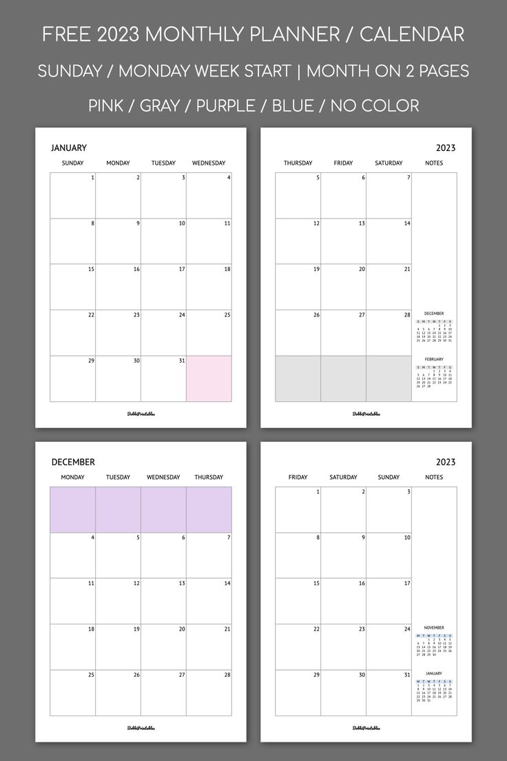 three calendars with the month planner in pink and purple on each side, one is blank