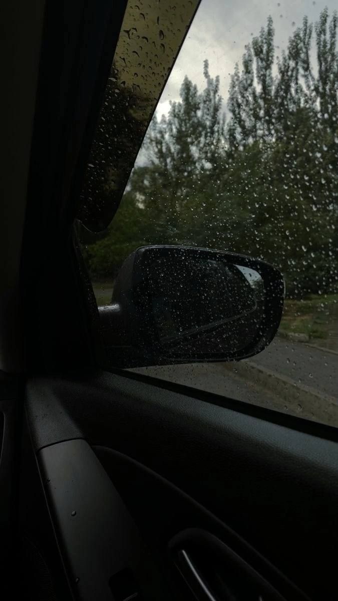 rain is falling on the windshield of a car as it drives down a road with trees in the background