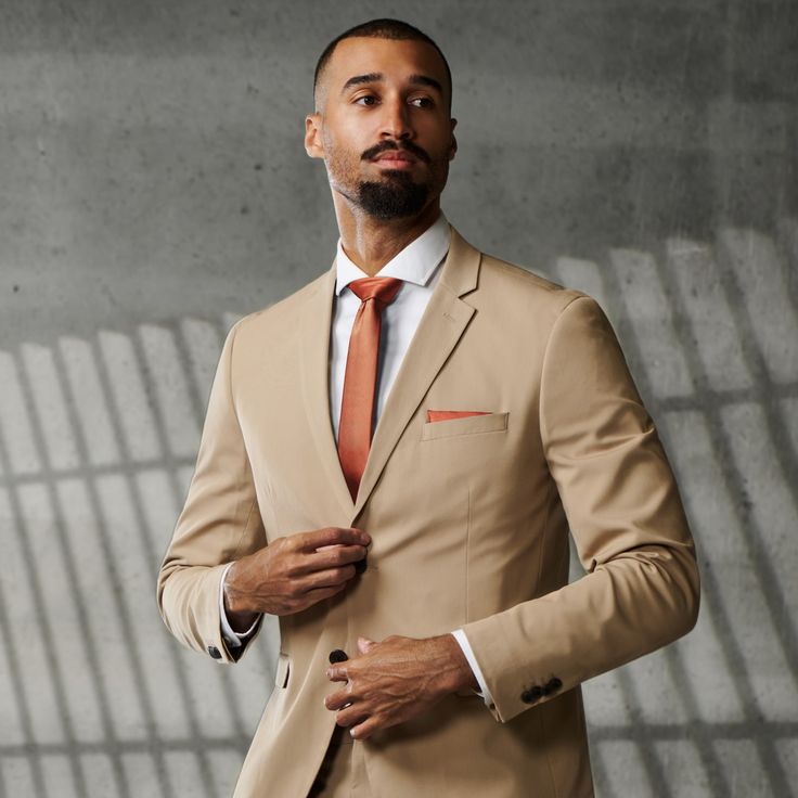 * Easy to fold
 * Sleek grosgrain pattern
 * Fabric won’t bulge in your pocket Mens Khaki Suit, Tie Outfits Men, Costume Beige, Khaki Suits, Tie Outfit, Fall Suit, Orange Suit, Tan Suit, Beige Suits