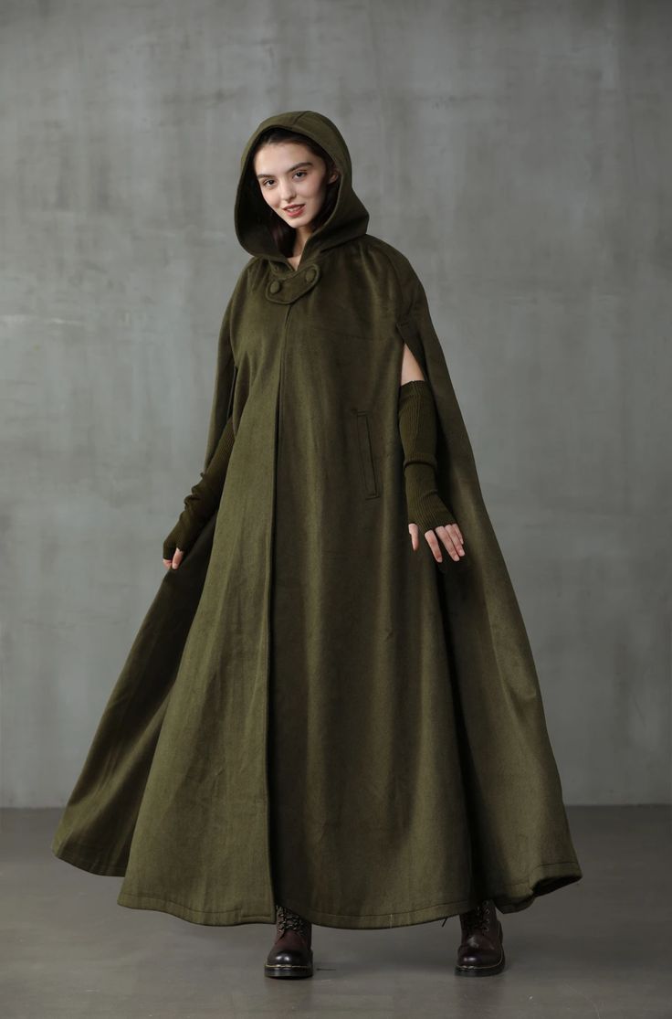 Maxi Hooded Wool Coat Cloak (8 Colors) – Linennaive Oversized Hooded Cape For Cold Weather, Green Cape For Fall, Green Cape Outerwear For Fall, Winter Long Sleeve Solid Color Cape, Winter Outdoor Cape, Green Fall Cape Outerwear, Oversized Solid Color Cape Outerwear, Green Winter Cape Outerwear, Green Long Sleeve Winter Cape