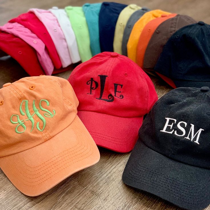 A monogrammed hat is the perfect accessory to add to any outfit for running errands, working out, or just relaxing on the beach. Pick a hat to wear to the pool or pick a hat to wear to carpool! Choose from many monogram styles and thread colors to personalize your own baseball cap. Monogrammed hats are great for girl's trips, bachelorette parties, big sis/lil sis, family reunions. Need a bulk order of 24 or more for your event or company? We can help. Email us for a quote: frillseekersgifts@cox. Basic Summer Hats For Everyday, Personalized Casual Trucker Hat For Summer, Vacation Hat With Curved Visor, One Size Fits Most, Curved Visor Hat For Vacation, One Size Fits Most, Curved Visor Hat, One Size Fits Most For Vacation, Personalized Summer Baseball Cap With Curved Brim, Solid Summer Dad Hat, Summer Solid Dad Hat One Size Fits Most, Casual Hats With Upf 50+