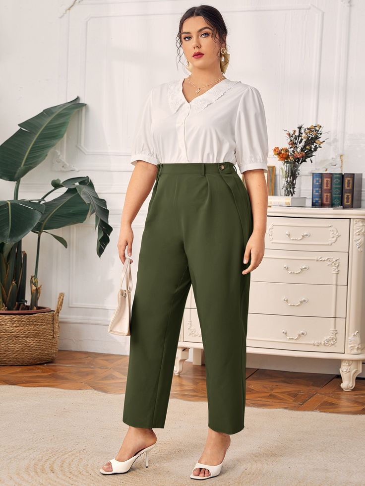 Army Green Elegant   Polyester Plain Tapered/Carrot Embellished Slight Stretch Spring/Summer/Fall Plus Size Bottoms Elegant Plus Size Outfits, Office Outfits Women Plus Size, Summer Work Outfits Plus Size, Curvy Work Outfit, Summer Work Outfits Office, Office Attire Women, Summer Office Outfits, Casual Work Outfits Women, Plus Size Summer Outfits