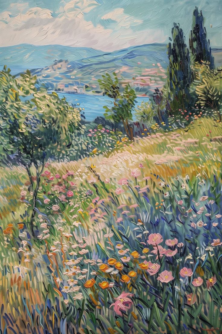 a painting of flowers and trees on a hill