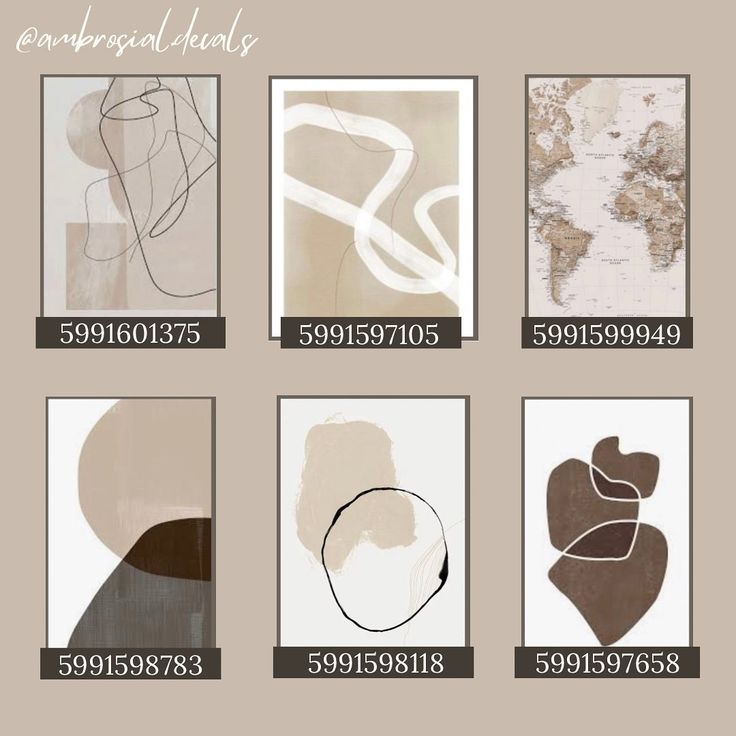 four different types of abstract art prints on a beige background with white and brown accents