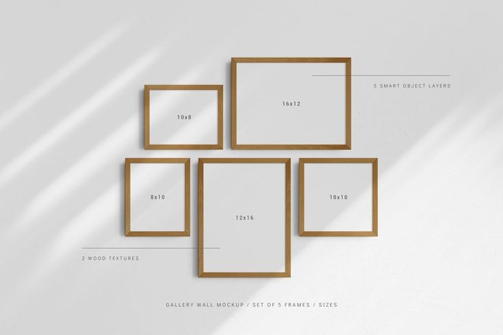 four golden frames hanging on a white wall with the measurements for each frame in front