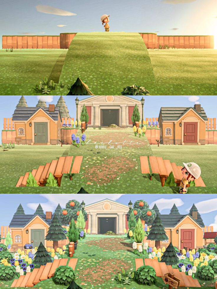 three different views of the same house in animal crossing