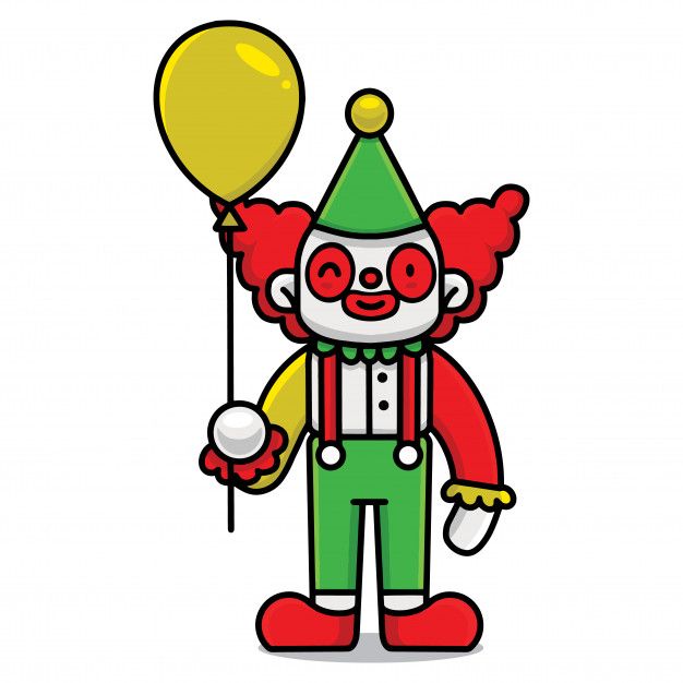 a cartoon clown holding a balloon and wearing a green suit with red stripes on it