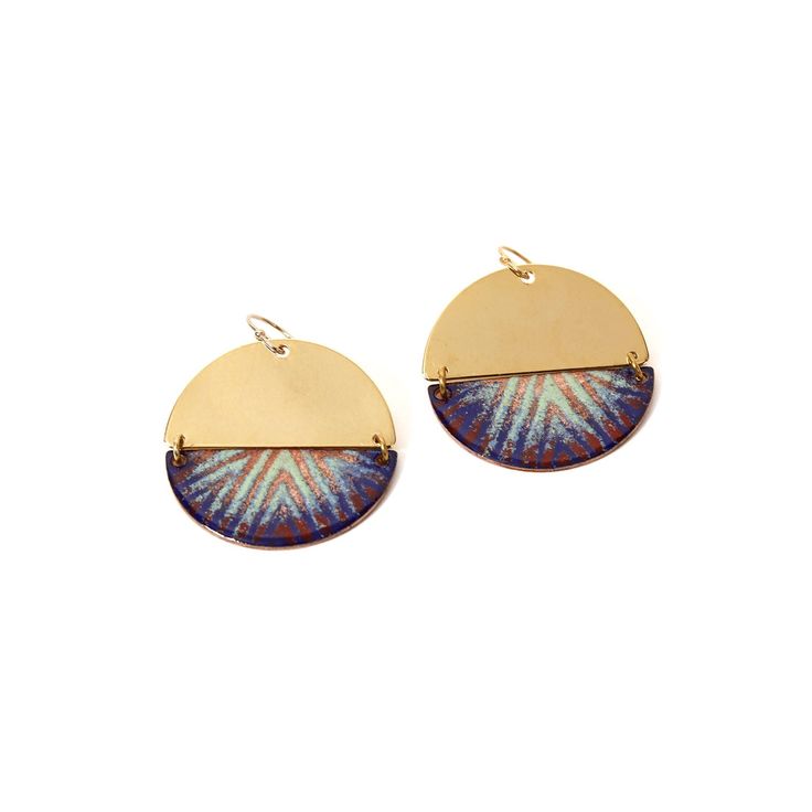 These are one-of-a-kind pieces of torch-fired enamel combined with geometric brass elements, micro macrame, and gemstones, finished with gold-filled ear wires. The artist uses a special technique called sgraffito. Sgraffito is a form of decoration, pattern, design, and texture made by scratching through the top enamel to reveal an underlying layer of contrasting color. All Chelsey Greene jewelry is made by the artist at her home in San Francisco, CA. Adjustable Drop Earrings With Artistic Design, Adjustable Multicolor Brass Earrings, Hand Painted Gold Jewelry For Festival, Bohemian Hand Painted Brass Jewelry, Artisan Multicolor Brass Earrings, Handmade Geometric Brass Jewelry, Artsy Brass Dangle Jewelry, Hand Painted Brass Jewelry With Unique Style, Unique Hand Painted Brass Jewelry