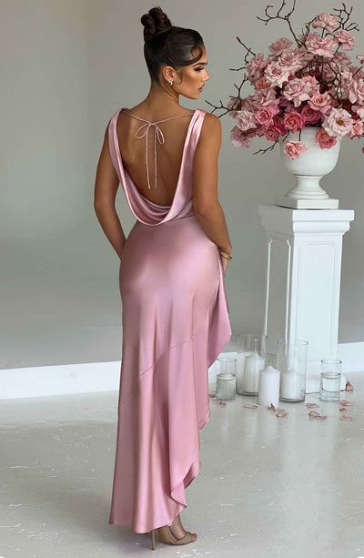 Marilyn Maxi Dress - Blush Pre-draped Satin Evening Dress For Night Out, Pre-draped Evening Dress With Cowl Back For Party, Backless Bias Cut Satin Dress For Prom Season, Backless Bias Cut Satin Dress For Prom, Backless Ruched Satin Dress For Evening, Ruched Backless Satin Dress For Evening, Pre-draped Backless Maxi Dress For Party, Elegant Party Dress With Cowl Back, Sleek Evening Dress With Cowl Back For Wedding