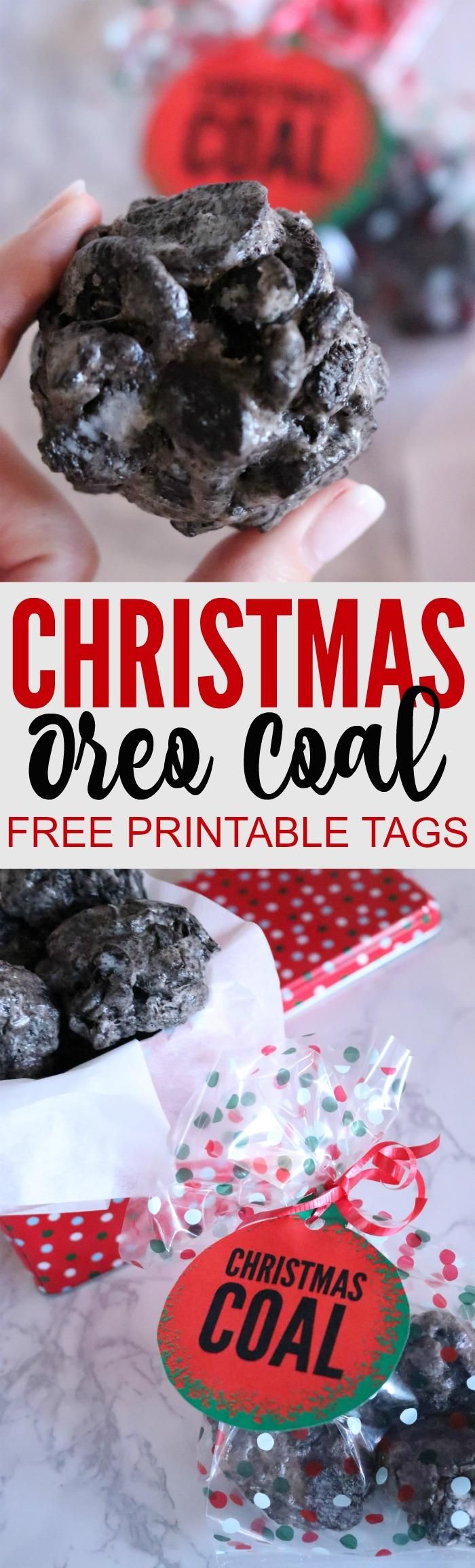 christmas oreo cookies are being held up in front of the camera with text overlay that reads, christmas oreos coal free printable tags