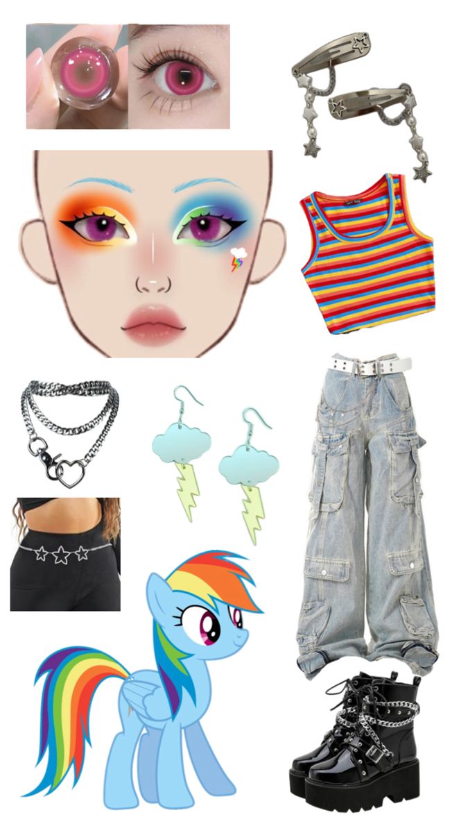 an assortment of clothing and accessories including a pony head, rainbow eyeliners, striped tank