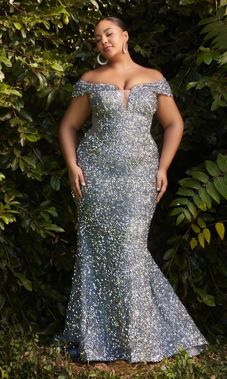 Showcase the curves in this plus-size sequin prom dress and know you look good. Fully-sequined from the deep v-neckline to the floor, this sexy plus-size mermaid dress is a dazzling choice for prom, galas, and other black-tie events. The plus-size evening gown has banded sleeves that drape over the upper arms for a look of romance, while sheer side insets provide a downright sexy look with every turn. Surprisingly under $200, this off-the-shoulder plus-size sequin prom dress is ready for a red-c Sequin Mermaid Dress, Cinderella Divine, Sequin Formal Dress, Embroidered Bodice, Cinderella Dresses, Sequin Gown, Full Length Dress, Mermaid Gown, Grand Entrance