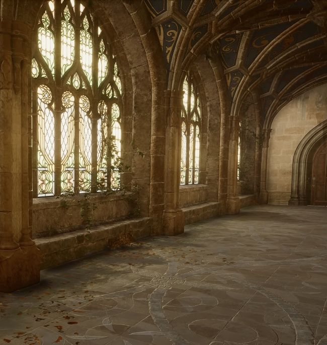 an empty room with stone floors and large windows in the center, surrounded by ivy covered arches