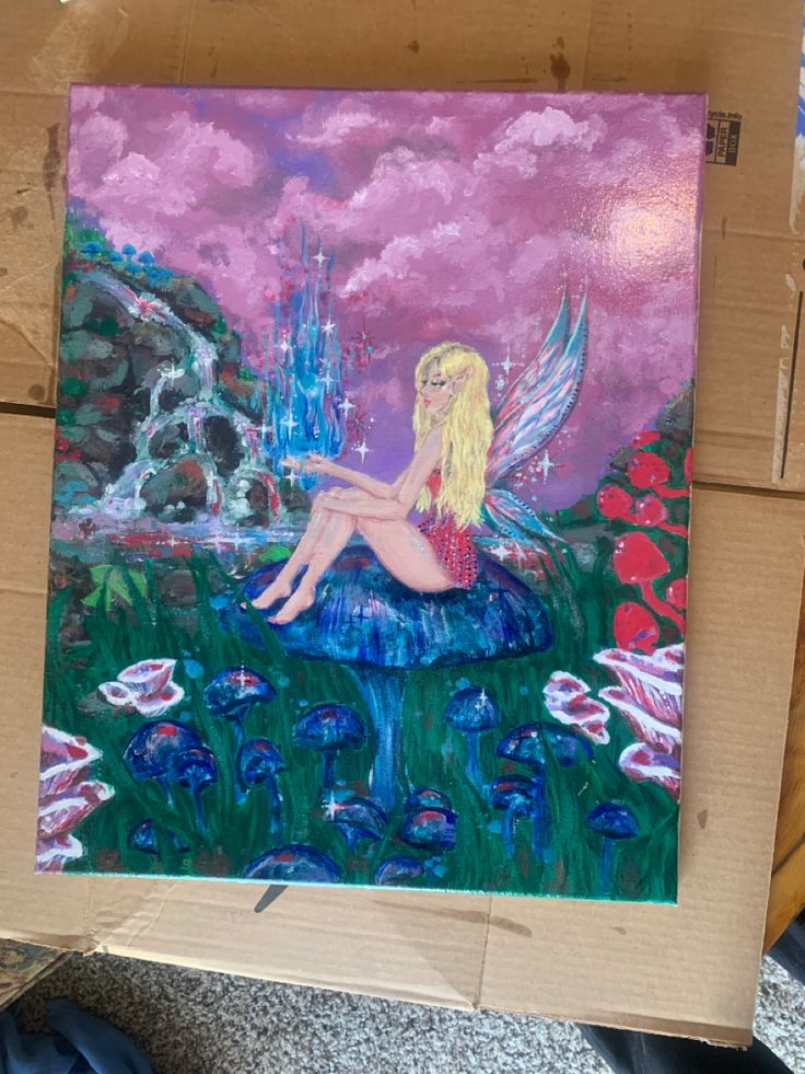 Acrylic Painting on canvas of fairy holding blue fire sitting on a mushroom with pond and waterfall in background and pink cloudy sky Painting Ideas Fairycore, Paintings Fairycore, Mushroom Fairy Painting, Fairy Acrylic Painting, Fairy Painting, Paint Inspo, Fairy Paintings, Mushroom Fairy, Fantasy Paintings