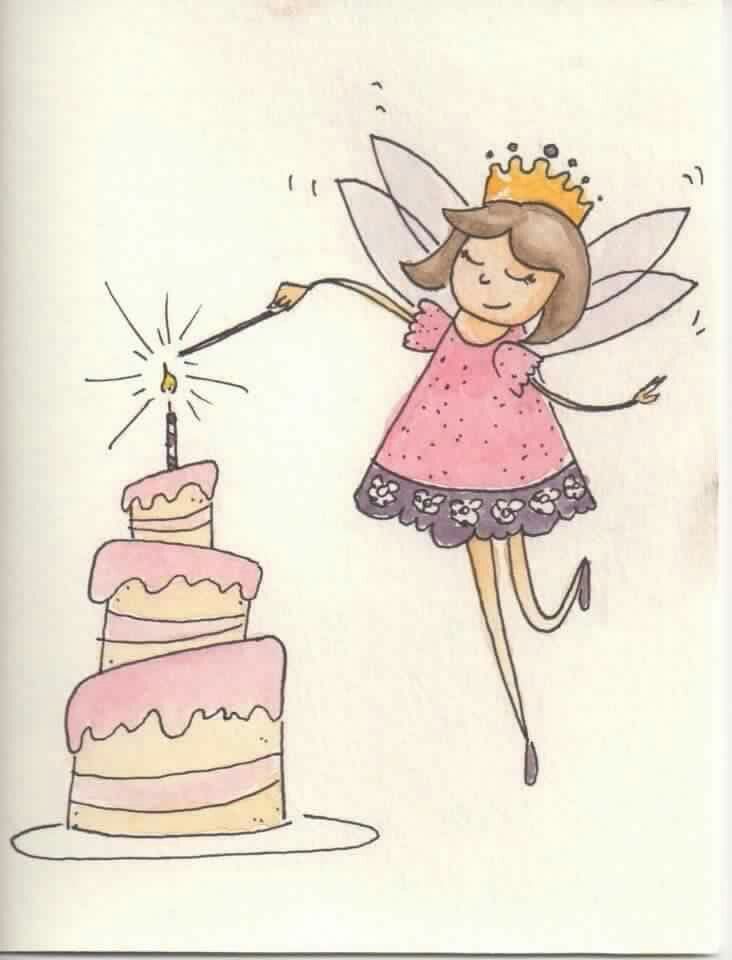 a drawing of a fairy holding a sparkler next to a cake with a candle on it