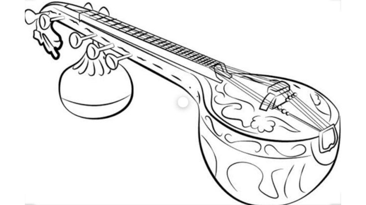 a drawing of a long necked musical instrument with an ornate design on the body