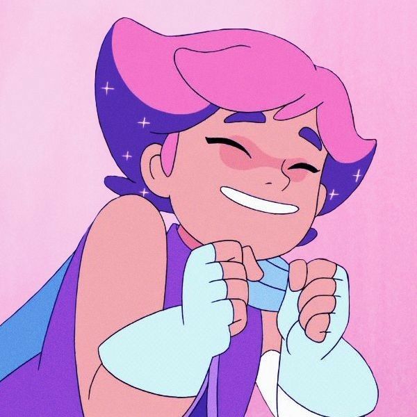 a cartoon character with pink hair and blue eyes, smiling at the camera while holding her hand up to her chest