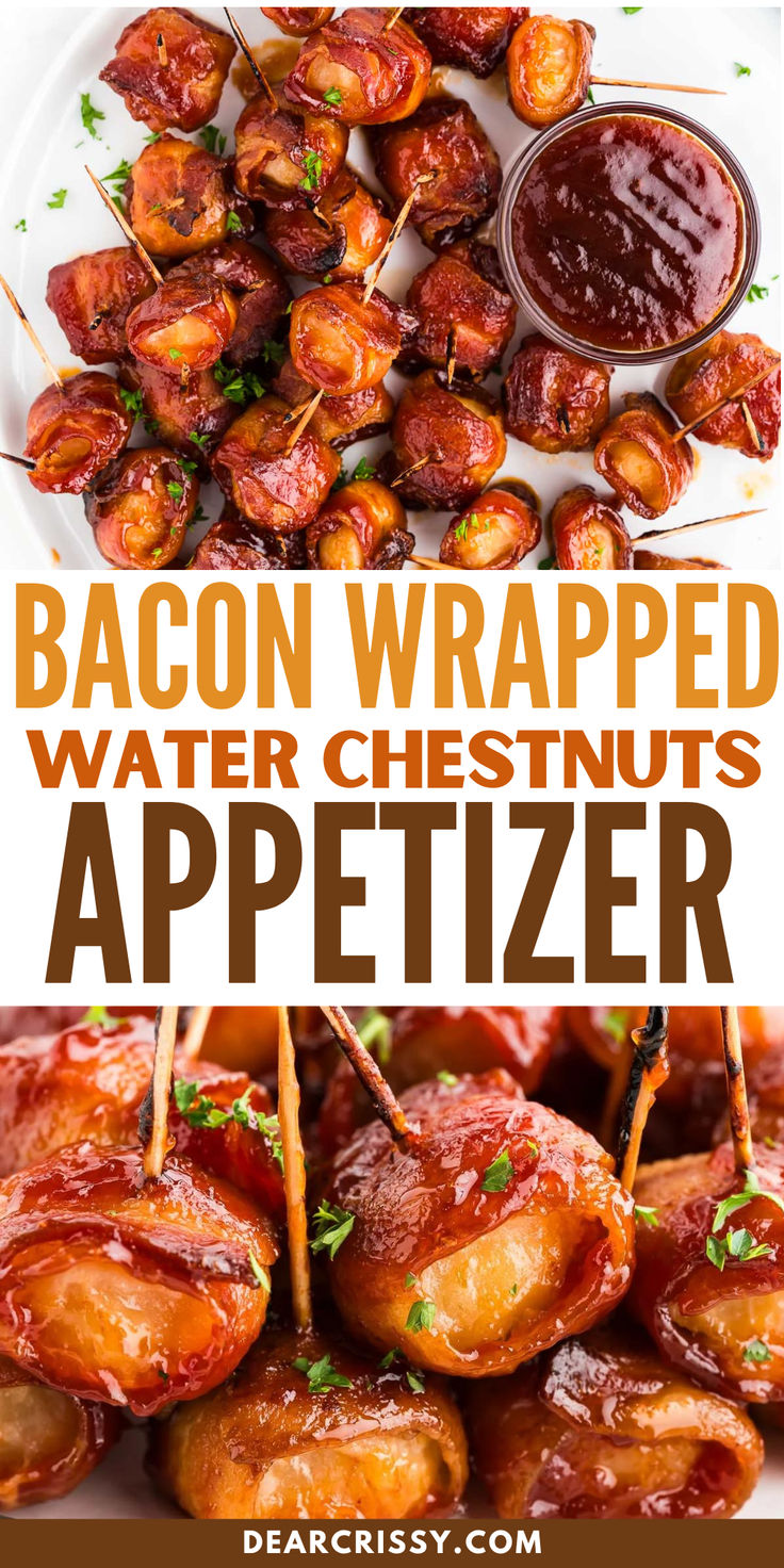 bacon wrapped water chestnuts appetizer with ketchup on skewers