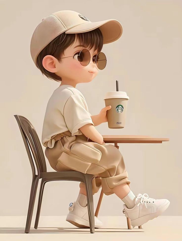 a little boy sitting at a table with a cup of coffee