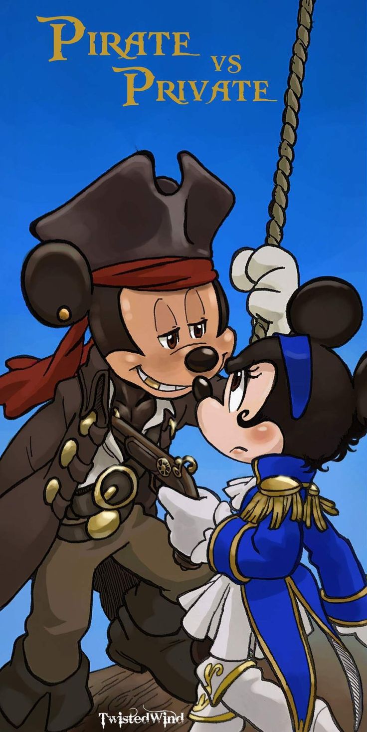 mickey and minnie kissing on the nose in pirate costume, with one holding another's head