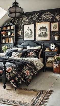 a bed room with a neatly made bed and lots of pictures on the wall above it