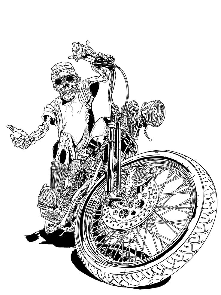 a drawing of a skeleton on a motorcycle with wheels and spokes in black and white