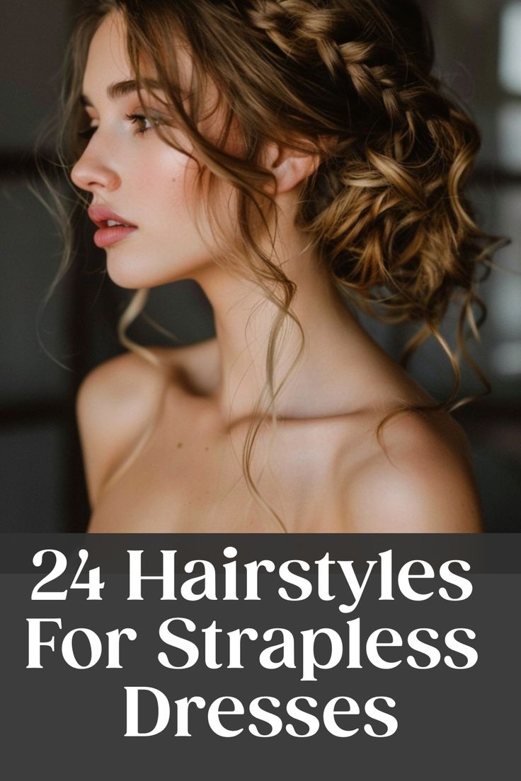 Woman with a braided updo hairstyle against a blurred background, with text "24 Hairstyles For Strapless Dresses". Formal Hair Strapless Dress, Best Hair Styles For Strapless Dresses, Off The Shoulder Dress Hairstyles Formal, Hair Styles With Strapless Dress, Hairstyles For A Strapless Dress, Hair With Strapless Dress, Hair Styles For Strapless Dress Formal, Hairstyles For Strapless Dress Formal, Hair For Formal Events