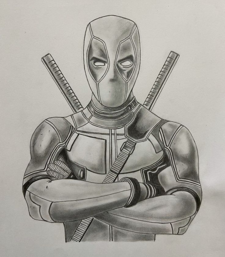 a pencil drawing of a deadpool with two swords in his hands and one arm crossed