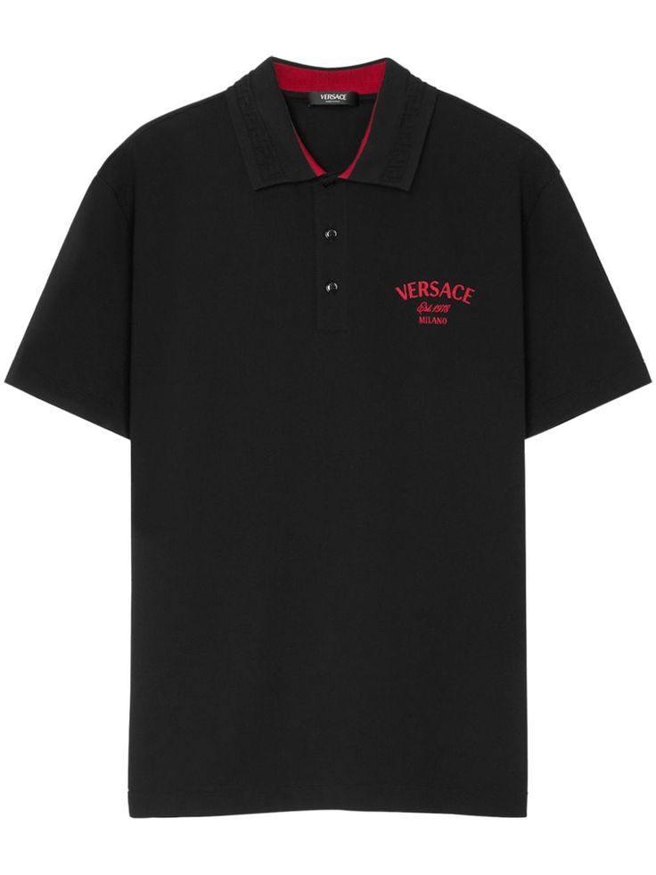 black/red cotton piqué weave front button placket polo collar short sleeves embroidered logo at the chest straight hem Versace Polo, Versace Shorts, Versace Logo, Embroidered Polo Shirts, Polo Shirt White, Black Polo, Cotton Polo Shirt, Cotton Polo, Polo Collar