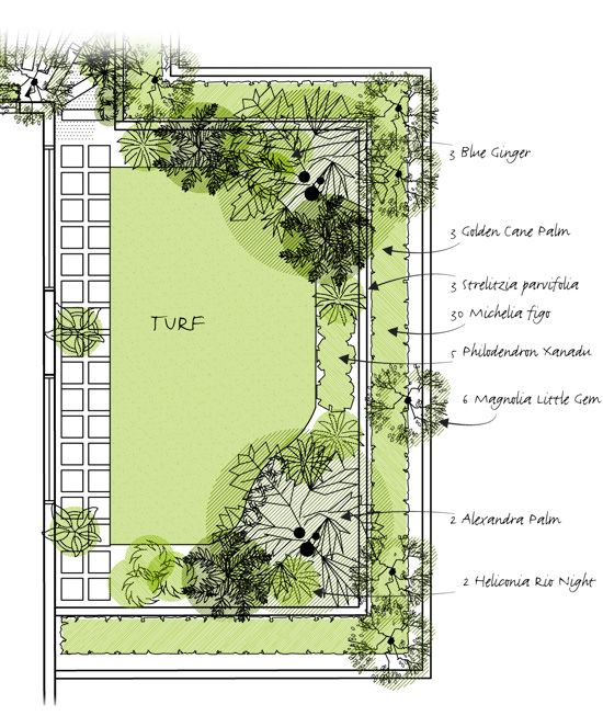 a plan for a small garden with trees and plants on the ground, in front of a