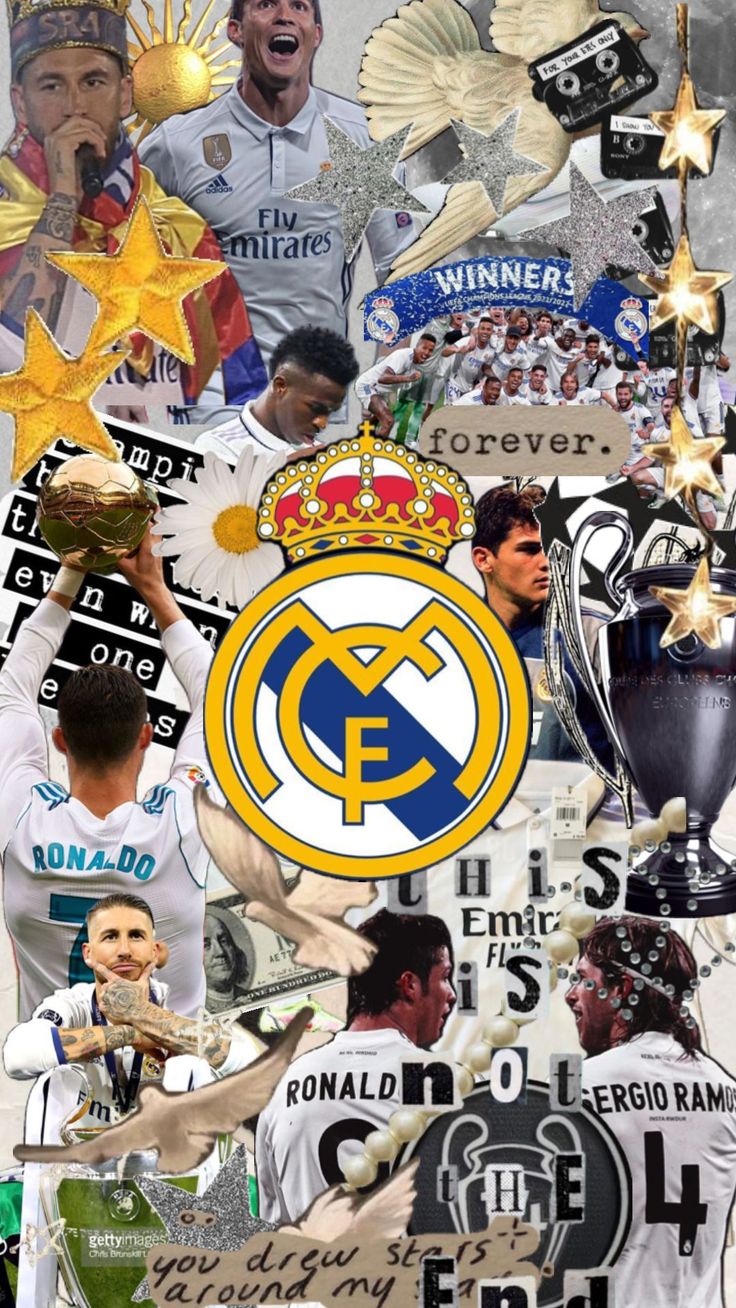 the collage shows many different sports teams and their trophies, including real madrid's players