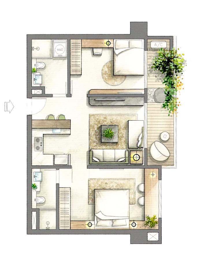 the floor plan for a small apartment with two beds and one living room in it