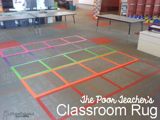 the room is filled with tables, chairs and rugs that are colored in different colors