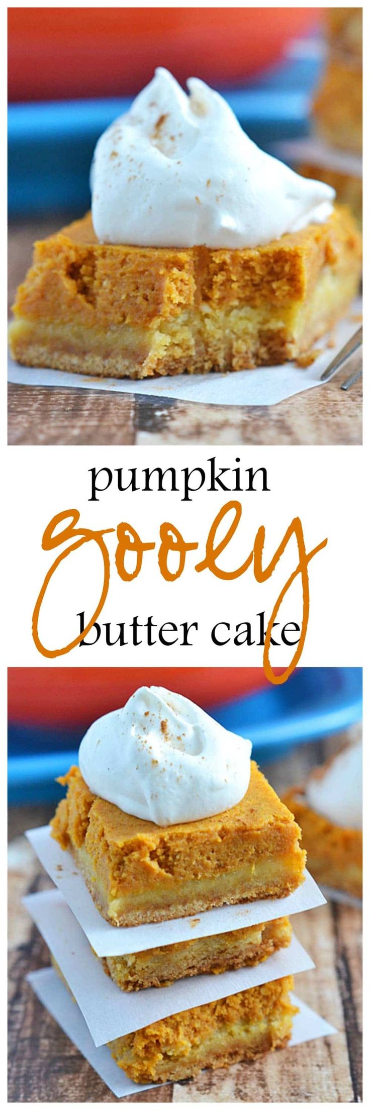 pumpkin gooey butter cake is stacked on top of each other and topped with whipped cream