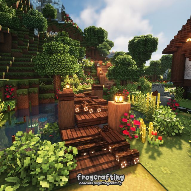 Minecraft Dock Cottagecore, Green Minecraft Aesthetic, Minecraft Pond Ideas Aesthetic, Frog Habitat Minecraft, Minecraft Fairycore House, Minecraft Bird Sanctuary, Pond Minecraft Ideas, Pond Ideas Minecraft, Minecraft Path Ideas Cottagecore