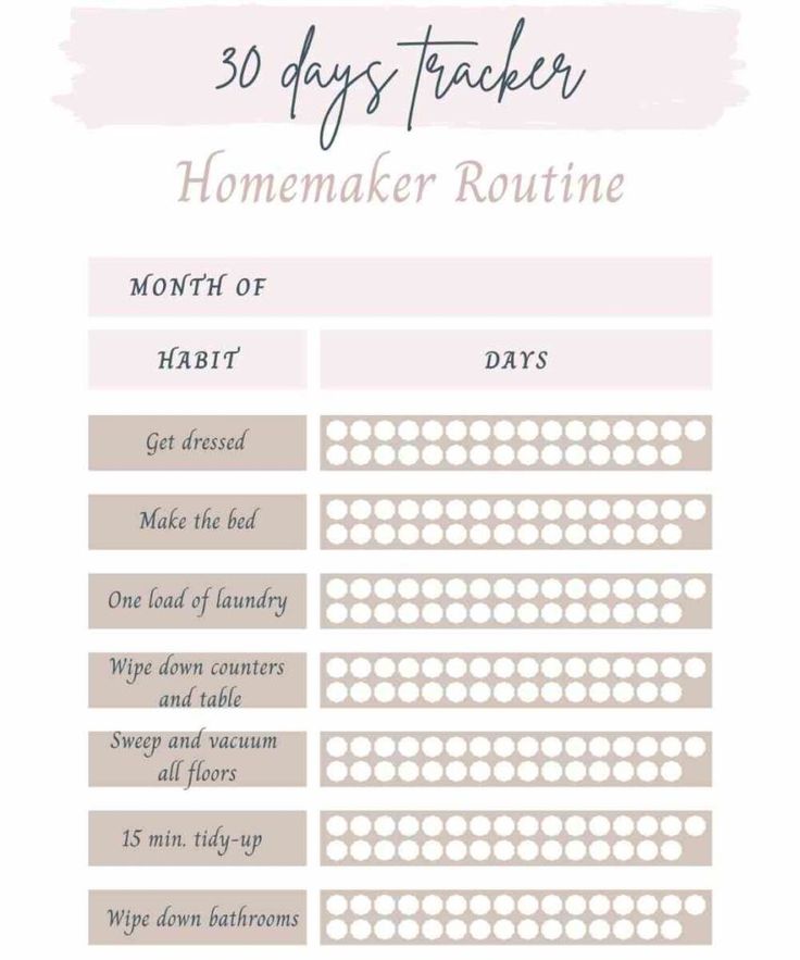 the 30 days tracker for homemaker routine is shown in this printable version, which includes