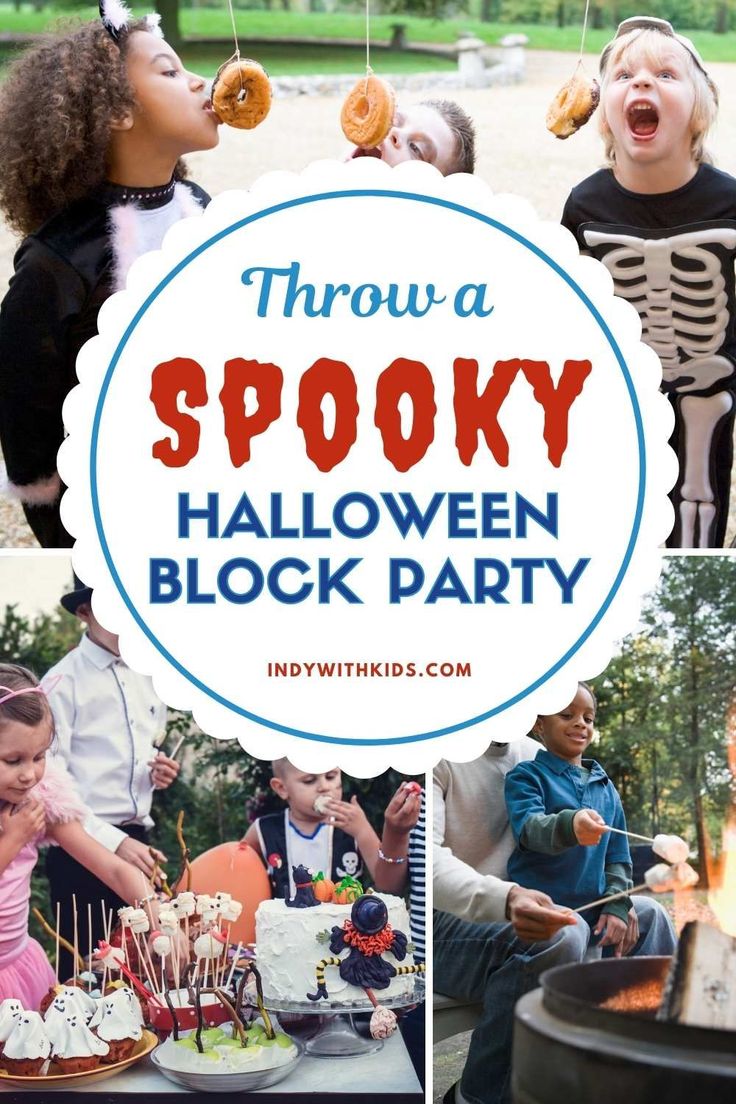 halloween party with spooky decorations and kids eating donuts on the grill, in front of an outdoor fire pit