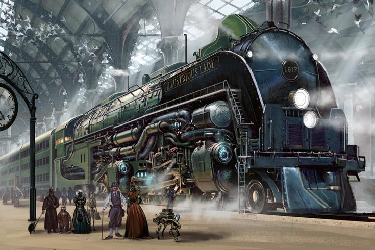 an old steam engine train is parked in a station with people standing around and looking at it