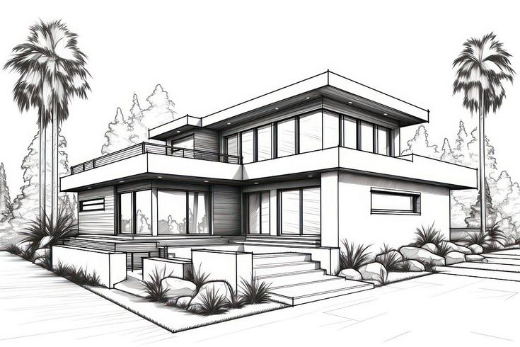 a drawing of a house with palm trees in the back ground and stairs leading up to it