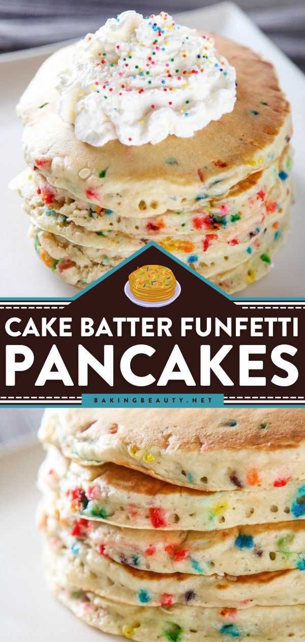 Cake Batter Funfetti Pancakes, back to school breakfast, Cake Batter Pancakes, Funfetti Pancakes, Sweetened Whipped Cream, Birthday Breakfast, Breakfast Sweets, Breakfast Idea, Fluffy Pancakes, Sweet Snacks Recipes, Fun Baking Recipes