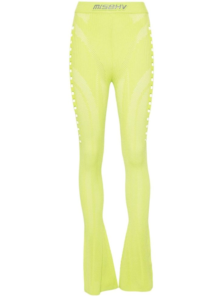 lime green ribbed knit pointelle knit cut-out detailing appliqué logo at the waist internal logo tag flared hem elasticated waistband Pointelle Knit, Flared Trousers, Bell Bottom Pants, Logo Tag, Bell Bottoms, Bottoms Pants, Lime Green, Ribbed Knit, Womens Bottoms