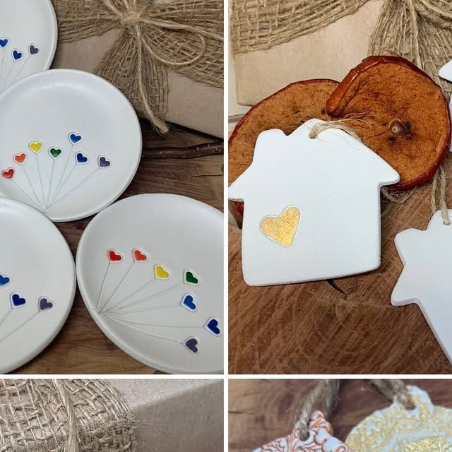 four different pictures of plates with designs on them, one has a house ornament and the other has hearts