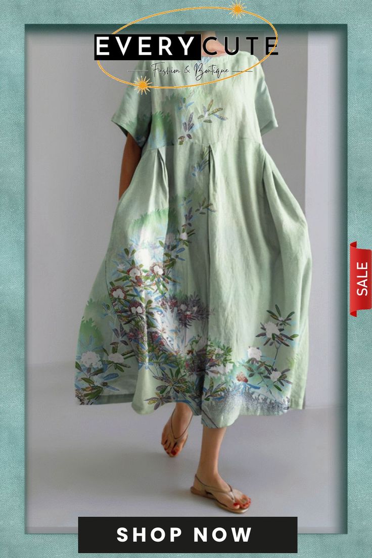 Flower Print Short Sleeve Midi Dress Casual Green Floral Printed Dress, Spring A-line Maxi Dress With Relaxed Fit, Casual Short Sleeve Maxi Dress With Floral Embroidery, Casual Maxi Length Floral Dress, Casual Midi Dress With Floral Embroidery For Spring, Spring Floral Print Casual Maxi Dress, Flowy Casual Maxi Dress With Floral Embroidery, Casual Floral Embroidered Maxi Dress For Spring, Casual A-line Maxi Dress With Floral Print